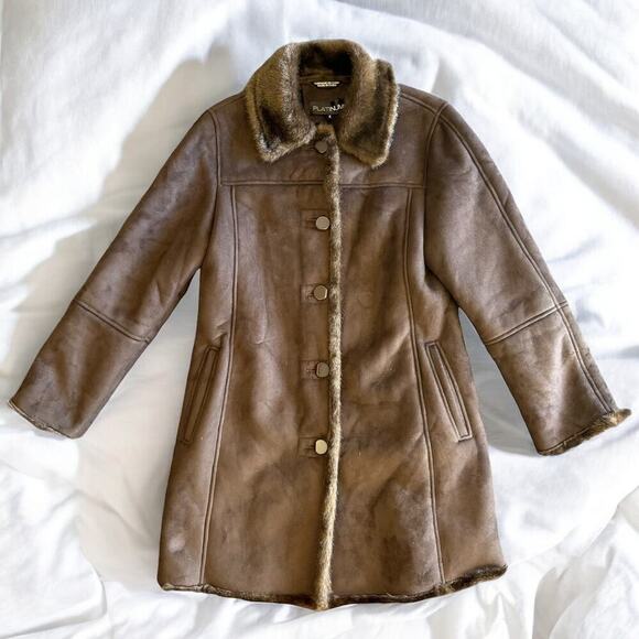 Women's Brown Suede and Faux Fur Lined Pea Coat Jacket by PLATINUM - Picture 1 of 9